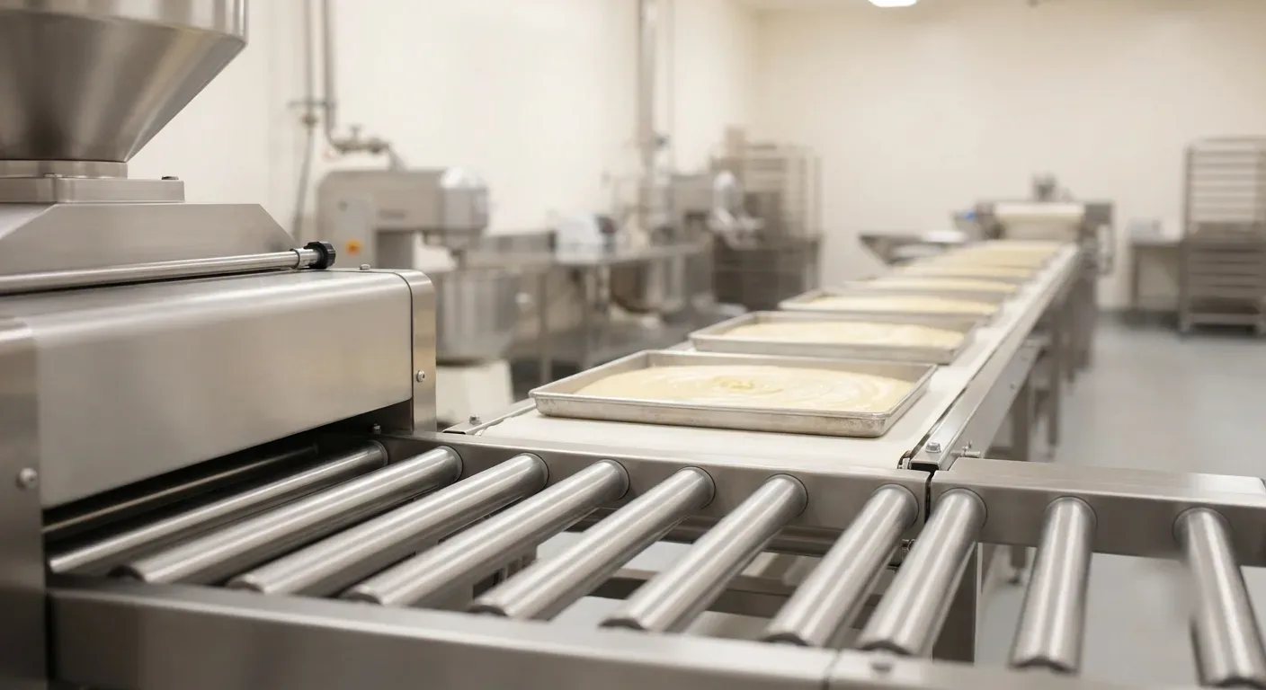 Commercial bakery production line with trays moving along a conveyor