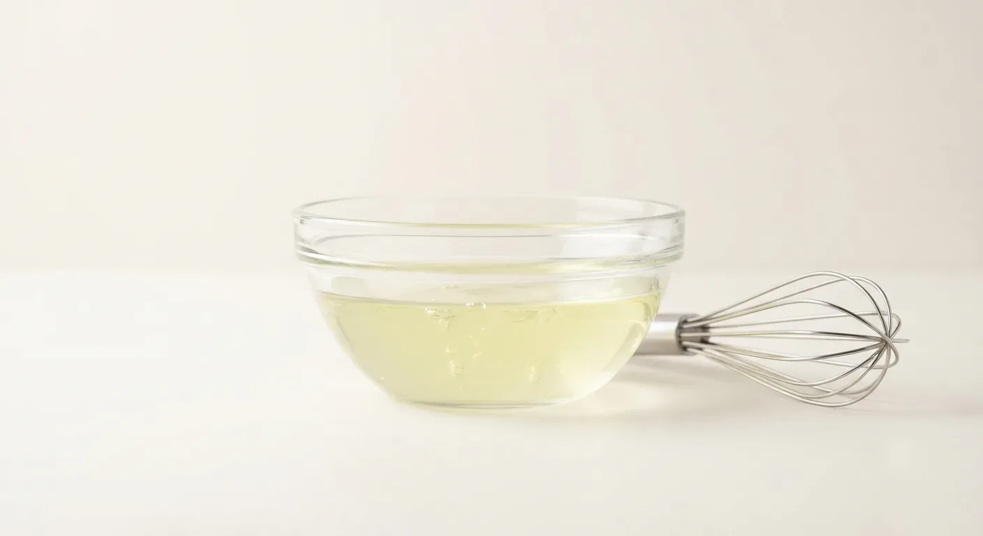 A bowl of liquid egg white beside a whisk