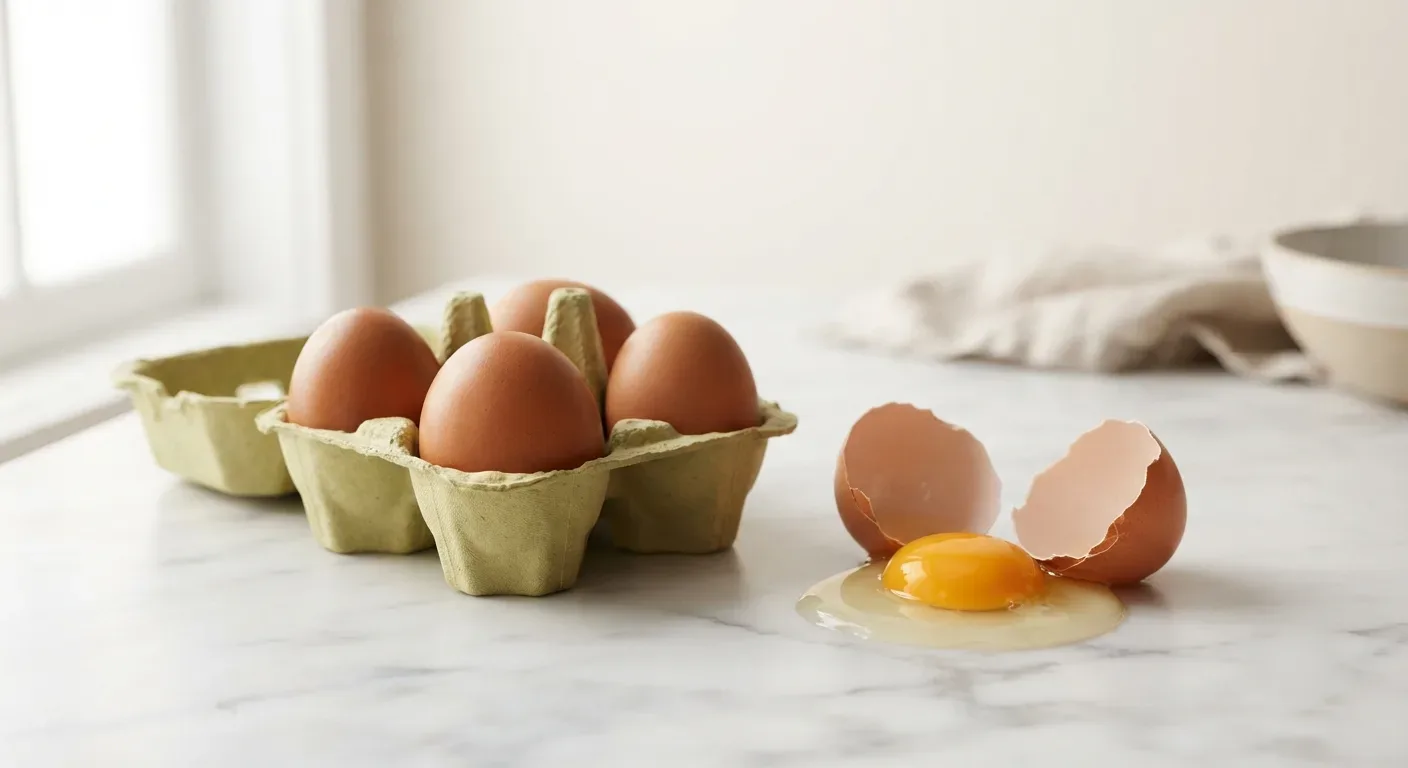 A carton of whole shell eggs beside one cracked egg on a marble counter