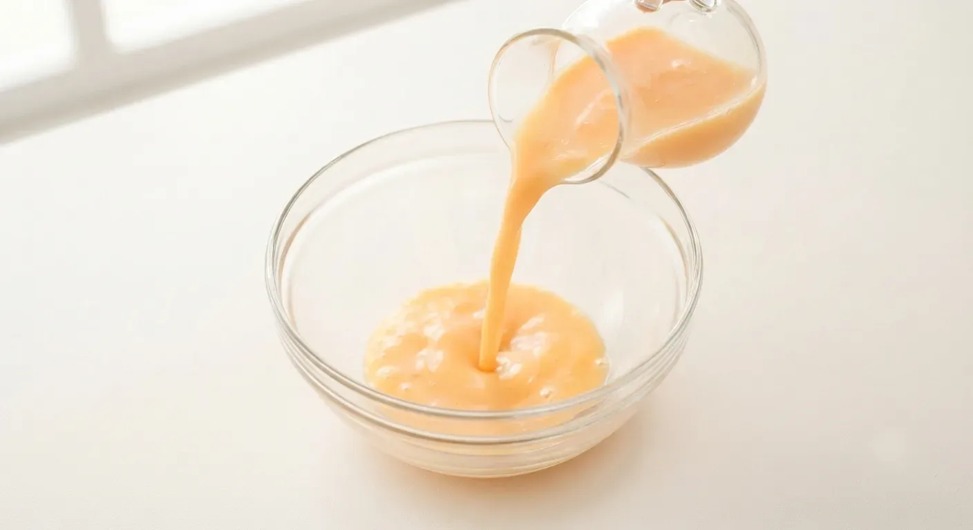 Liquid whole egg being poured into a glass bowl