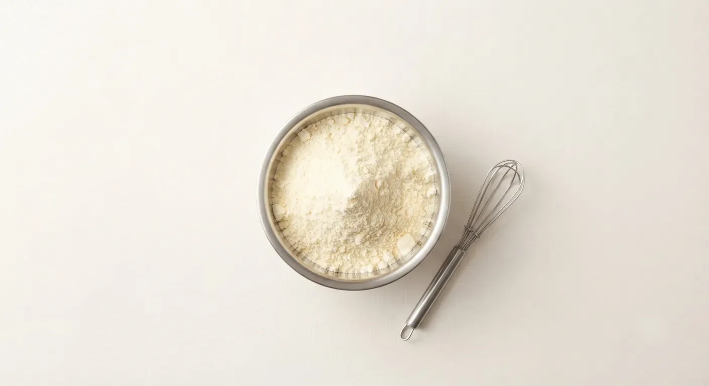 A bowl of whole egg powder beside a whisk